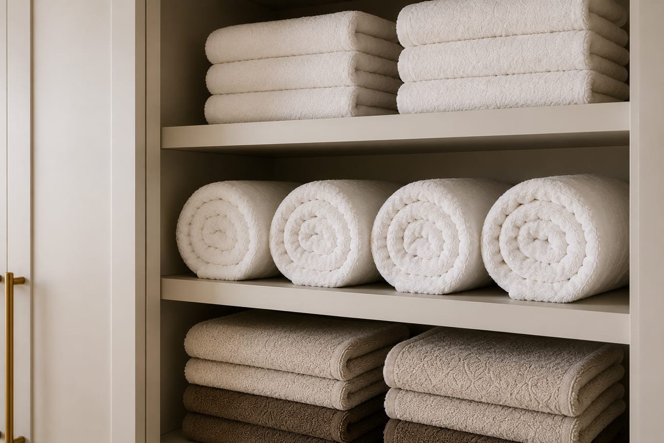 Organized linen shelves with neatly folded and rolled towels