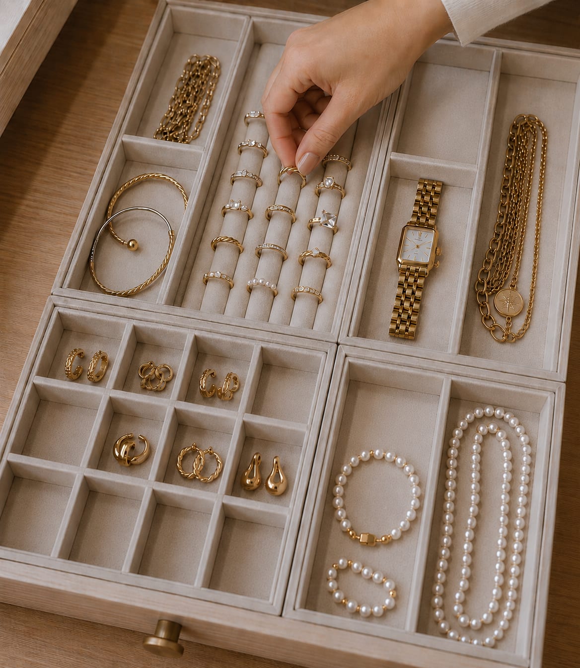Organized jewelry drawer with velvet trays of rings, earrings, watches and necklaces