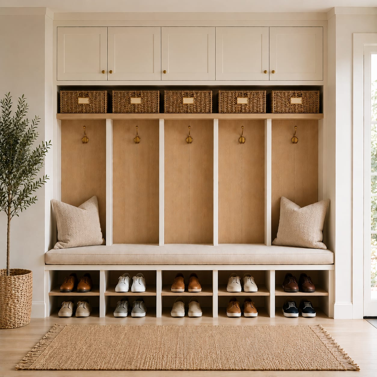Organized mudroom with labeled baskets and a tidy row of shoes