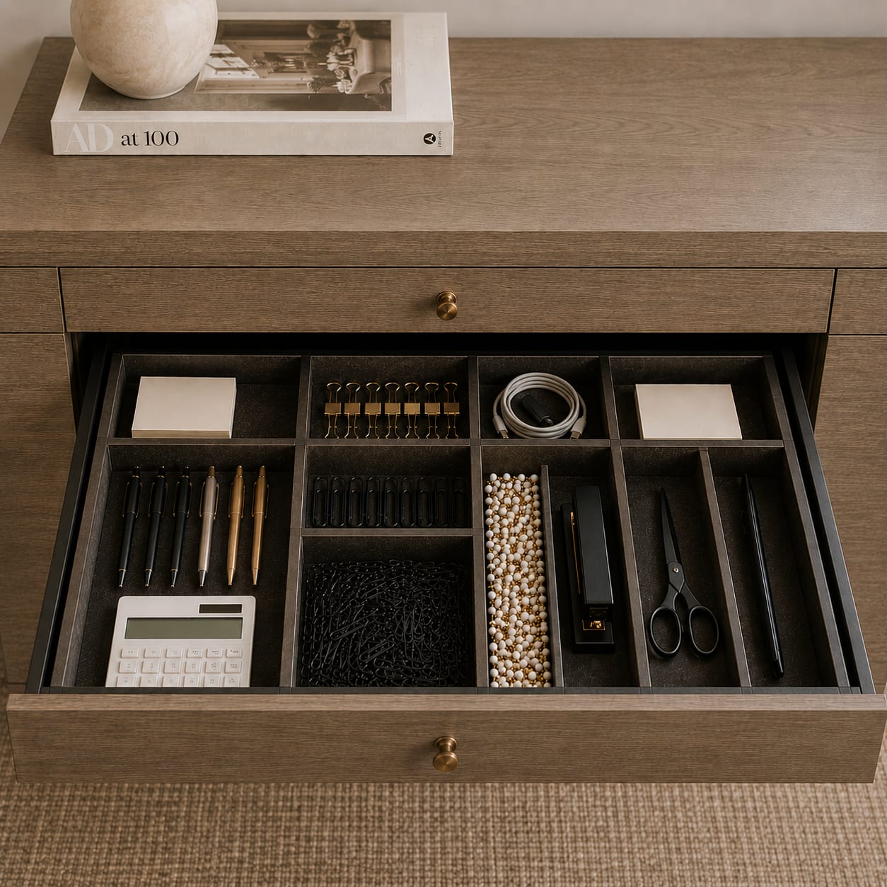 Organized home-office desk drawer with felt dividers and tidy supplies