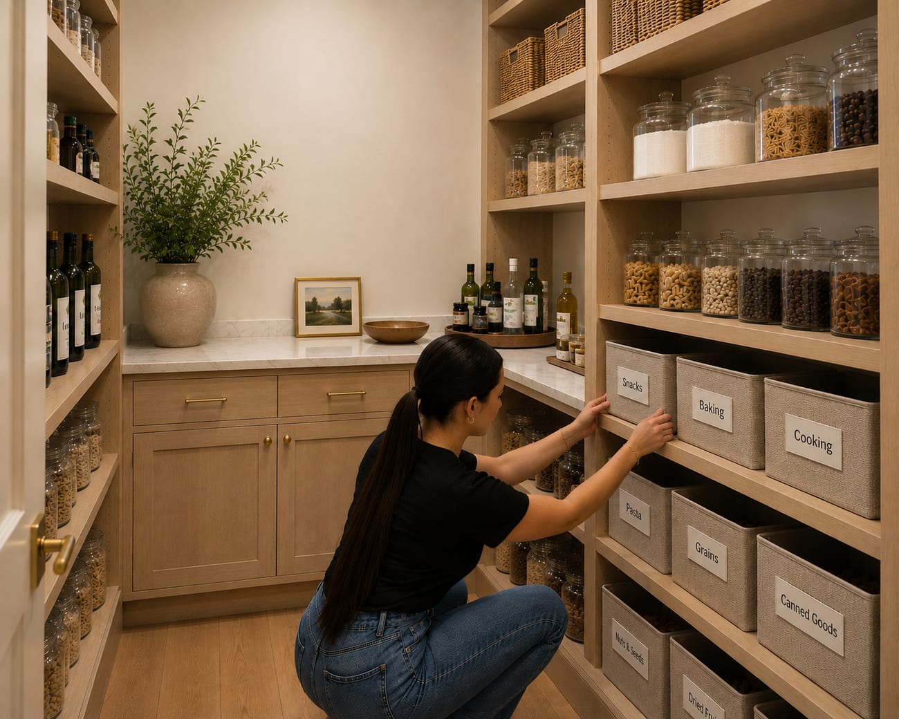 Organized pantry with labeled bins for snacks, baking, and cooking