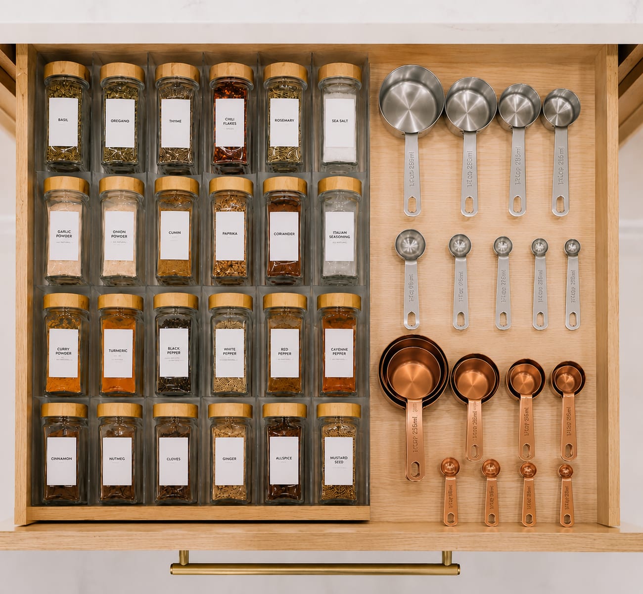 Organized kitchen drawer with labeled spice jars and measuring cups