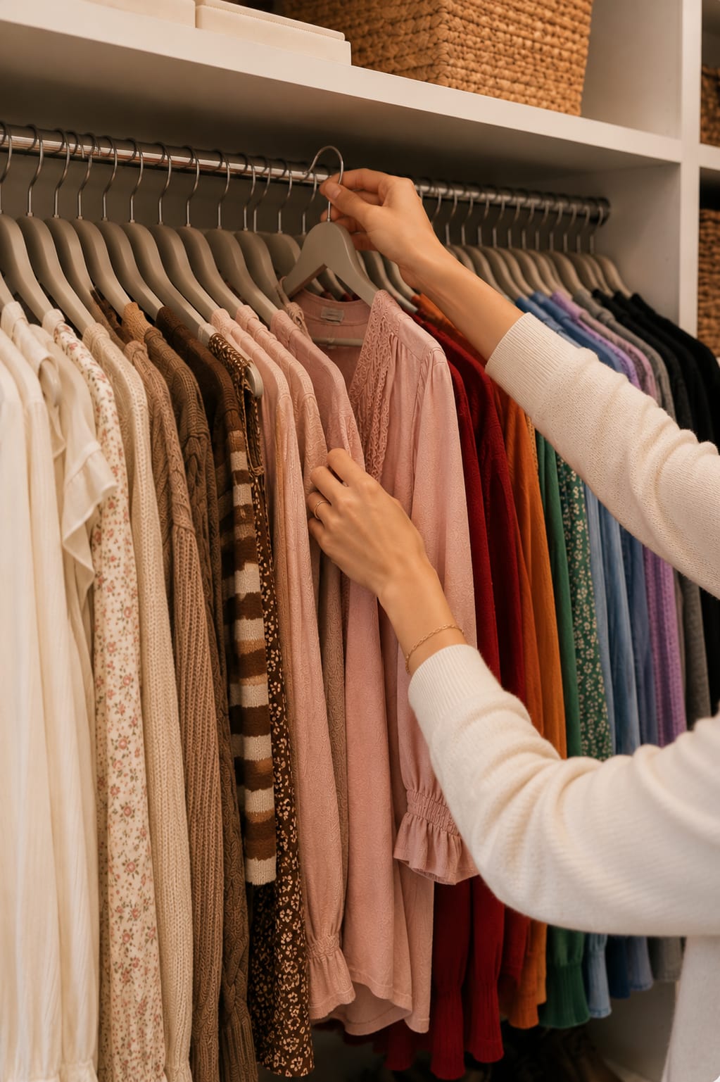 Color-organized wardrobe with matching hangers